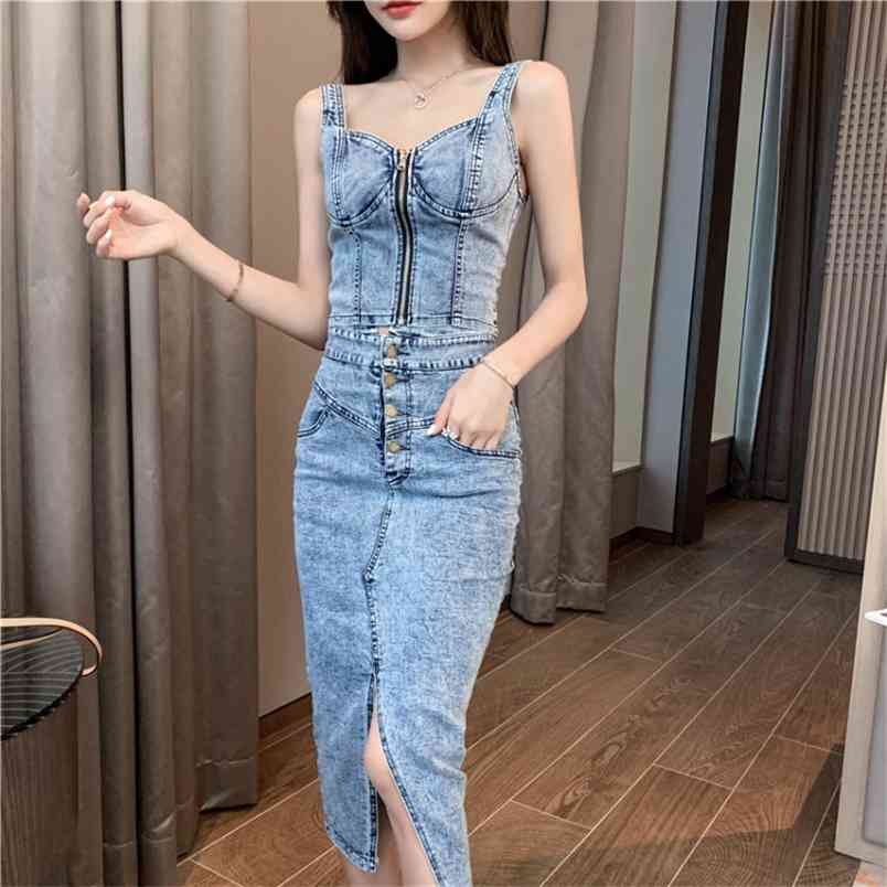 

Summer Two-piece Set Women Sexy Denim Vest Top + Bodycon Split pencil Skirts Suits for Woman 210519, Photo color