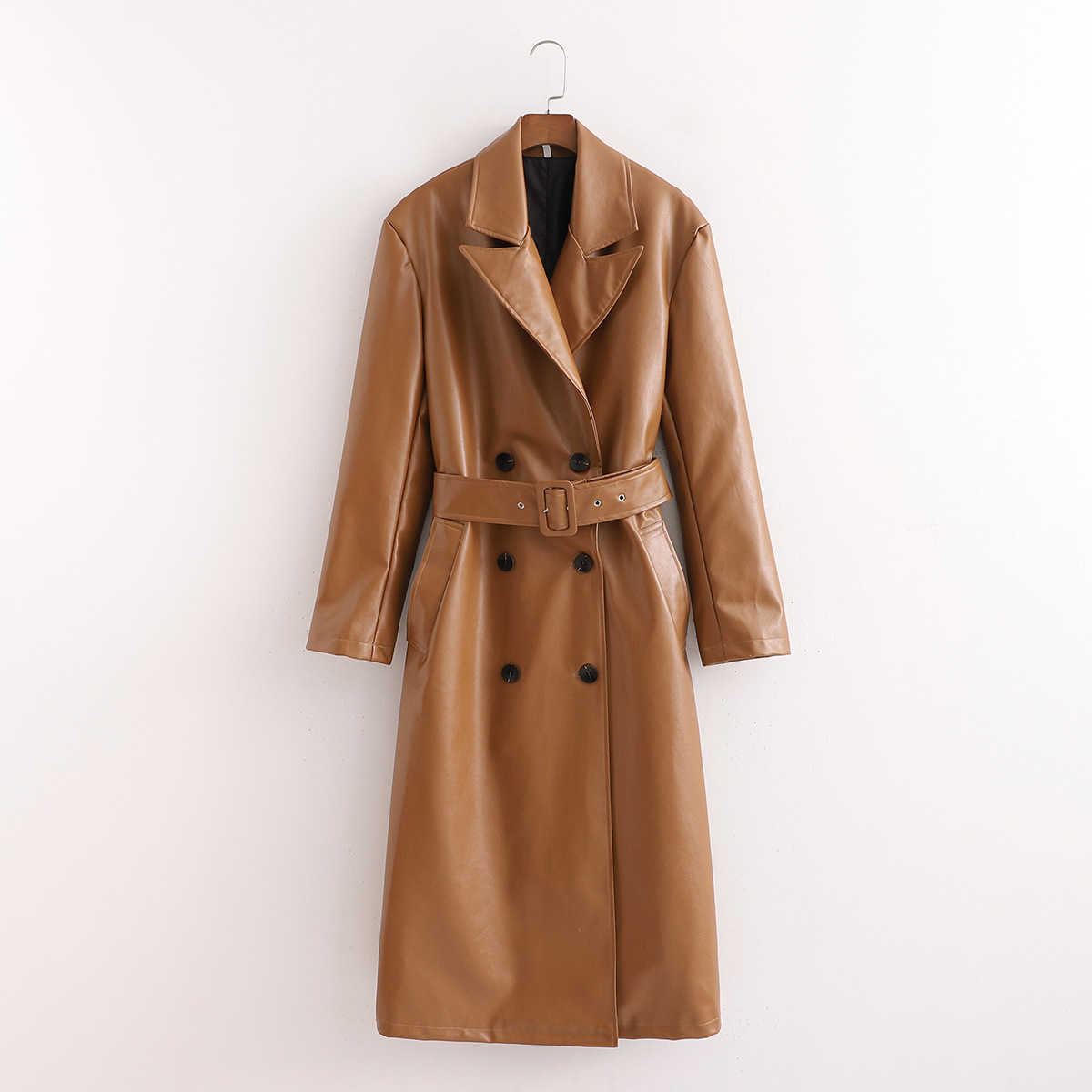 

Autumn/winter Faux Leather Long Jacket Woman Pu Windbreaker Double Breasted Outwear Solid Color Trench Belt 210607, Brown