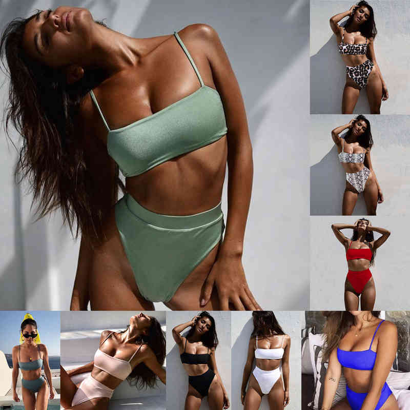 Sexy Suspender High Waist Solid Color Women&#039;s Split Bikini Swimsuit-image-673917731