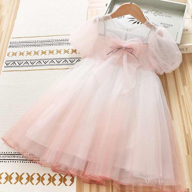 

3-10 Years High Quality Summer Girl Dress Lace Chiffon Flower Draped Ruched Kid Children Clothing Princess 210615, Blue