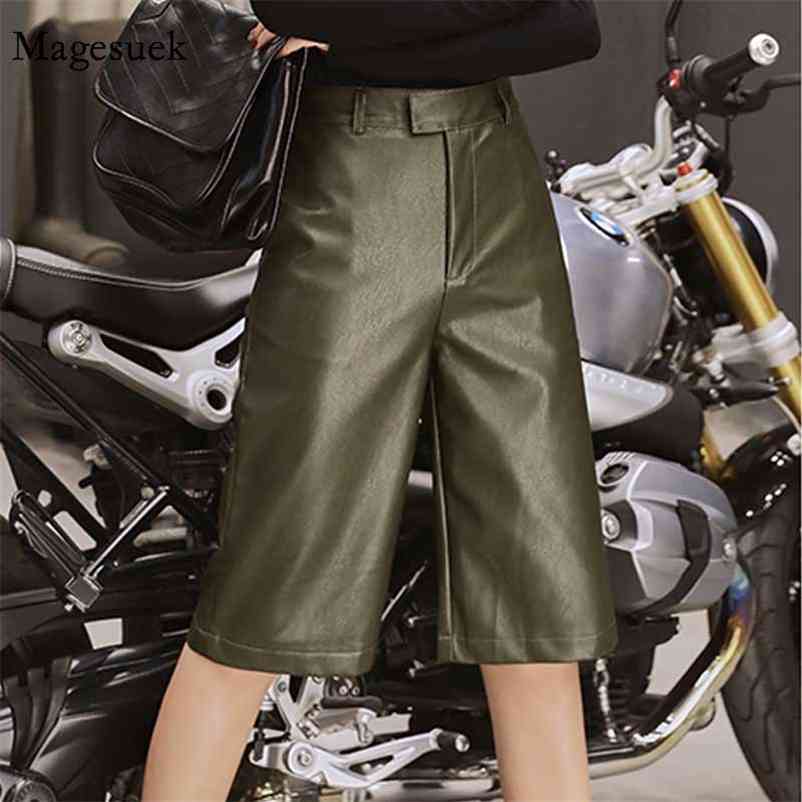 

High Waist Plus Size Casual Overalls Streetwear Motor Fashion Trouser British Style Autumn Winter Women PU Leather Short 11334 210518, Army green