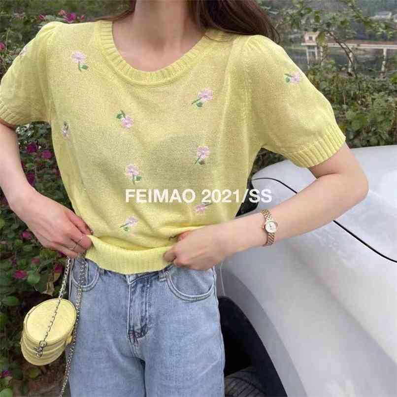 

Embroidered flower sweater women Korean version of ice silk short-sleeved women's T-shirt summer top clothing 210520, White