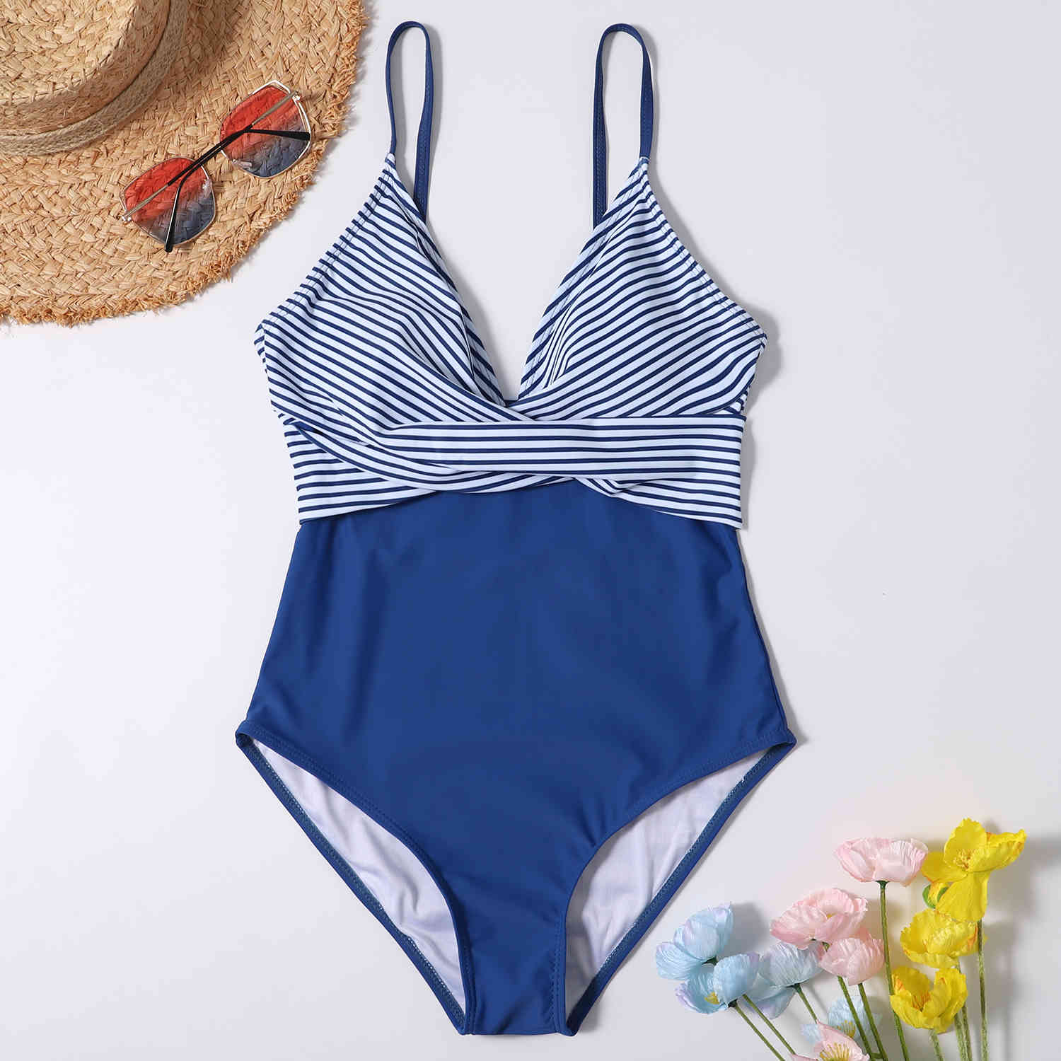 

Swimsuits Plus Size Swimwear Women Bathing Suit Patchwork High Waist Swimsuit Monokini Push Up Backless Blue 210520