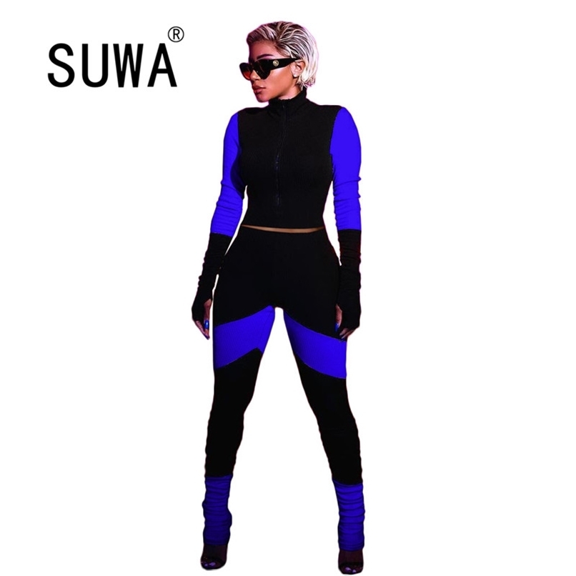 

Contrast Color Patchwork Tracksuit Sexy Fitness Wear 2 Piece Sets Womens Outfits Long Sleeve Crop Top Jogger Leggings Pants Suit 210525, Yellow