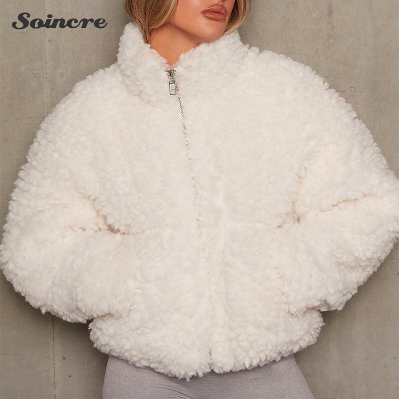 

Women's Jackets Lamb Fashion Cropped Jacket Women Winter Turtleneck Fluffy Long Sleeve Fleece Zipper Pocket Solid Coat Warm Outwear, Black