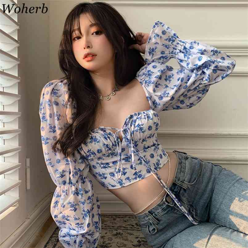 

Square Collar Crop Blouse Wopem Korean Chic Ins Summer Shirt Floral Print Long Puff Sleeve Bandage Short Blusas Tops 210519, White print