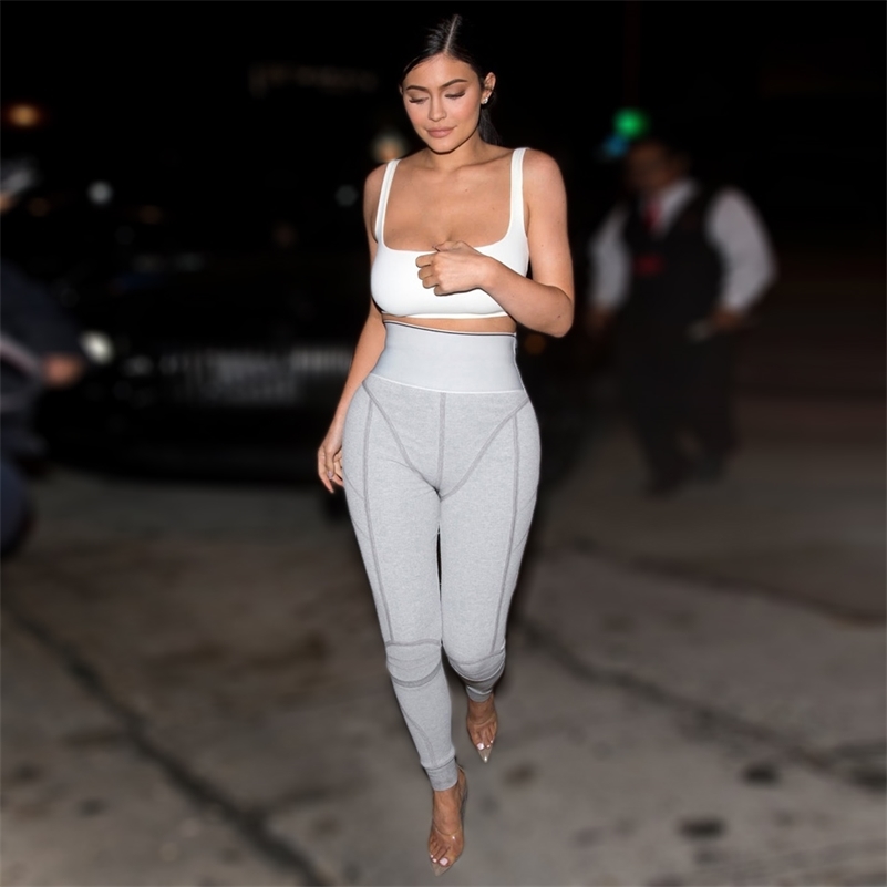 

Kyliejenner Cotton Sports Two Pieces Gymwear Designer Fashion Spaghetti Straps Elastic Waist Crop Top Legging Pants Set 210709, White waist pants
