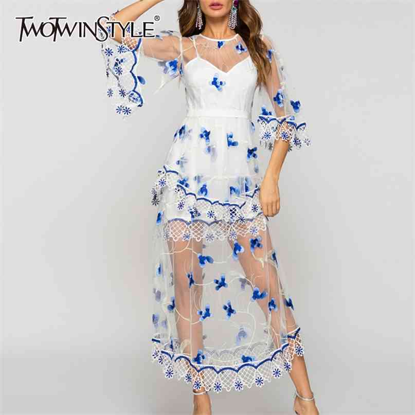 

Elegant Lace Mesh Women Dress O Neck Flare Three Quarter Sleeve High Waist Hit Color Embroidery Dresses For Female 210520, As picture