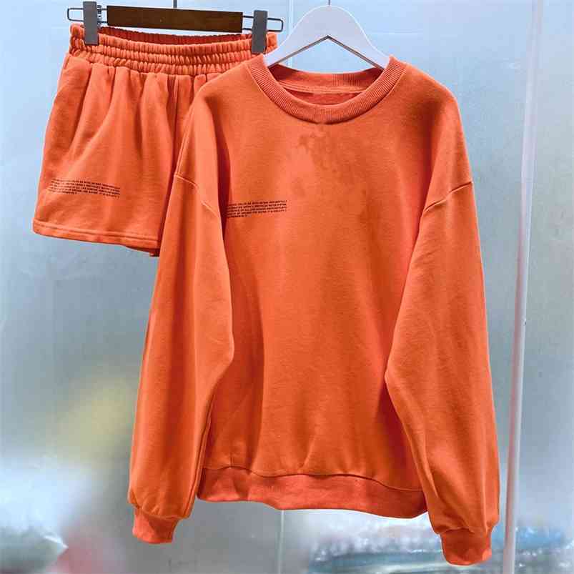 

Solid Round Neck Pullovers Sweatshirts and Short Two Pieces Set Spring Suits Clothing 210721, Palegreen shorts