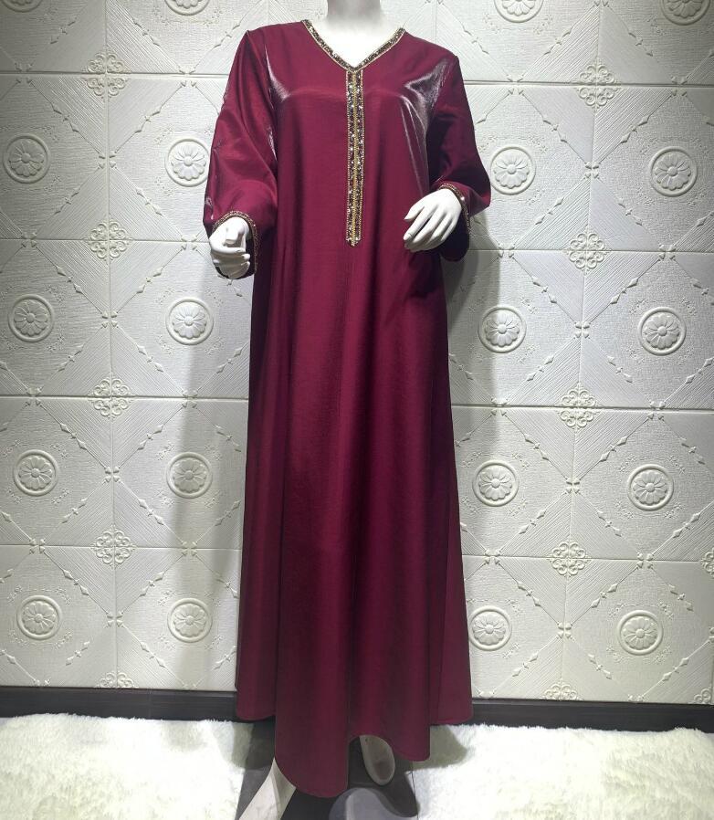 

Casual Dresses Jalabiya Long Sleeve Maxi Dress For Women Fall 2021 Dubai Abaya Fashion Diamond Ribbon V Neck Muslim Arabic Robe, Maroon dress