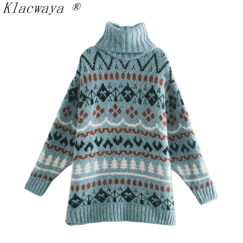 

Woman Sweaters Femme Chandails Turtleneck Long Sleeve Vintage Jacquard Loose Mid-Length Knitted Pullover Ropa Mujer Korean Tops 210521, Cyan