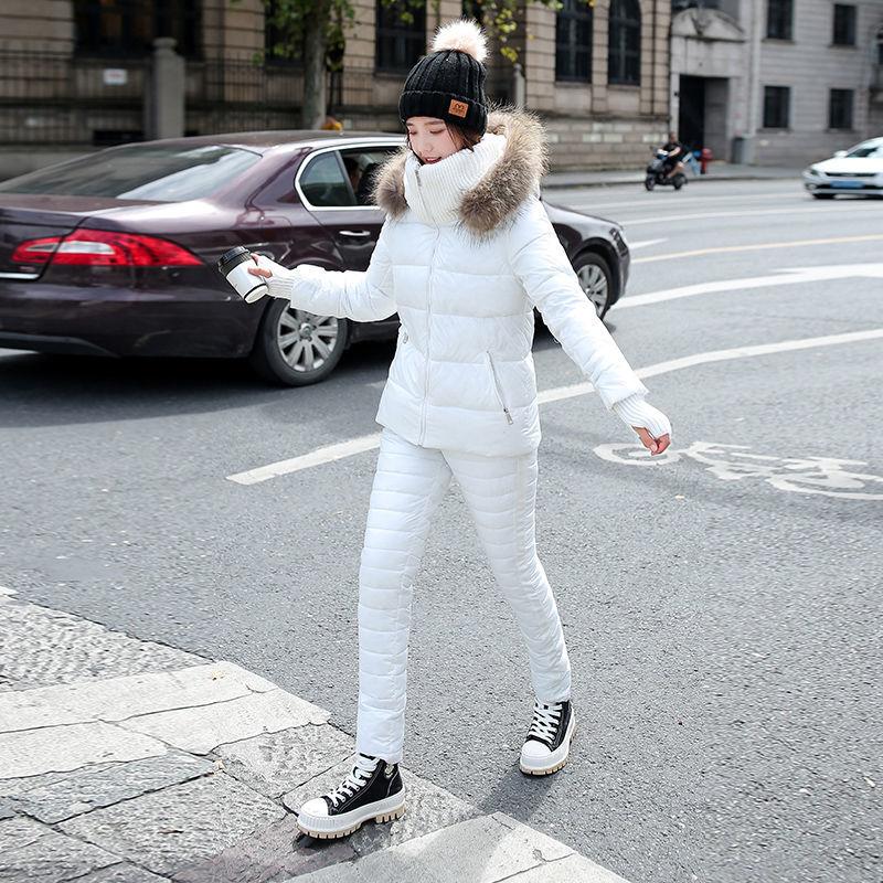 

Women's Two Piece Pants Winter Hooded Parka 2 Sets Fashion Padded Warm Ski Suit Straight Zipper Thick Cotton Casual Tracksuits Women X340, Fen