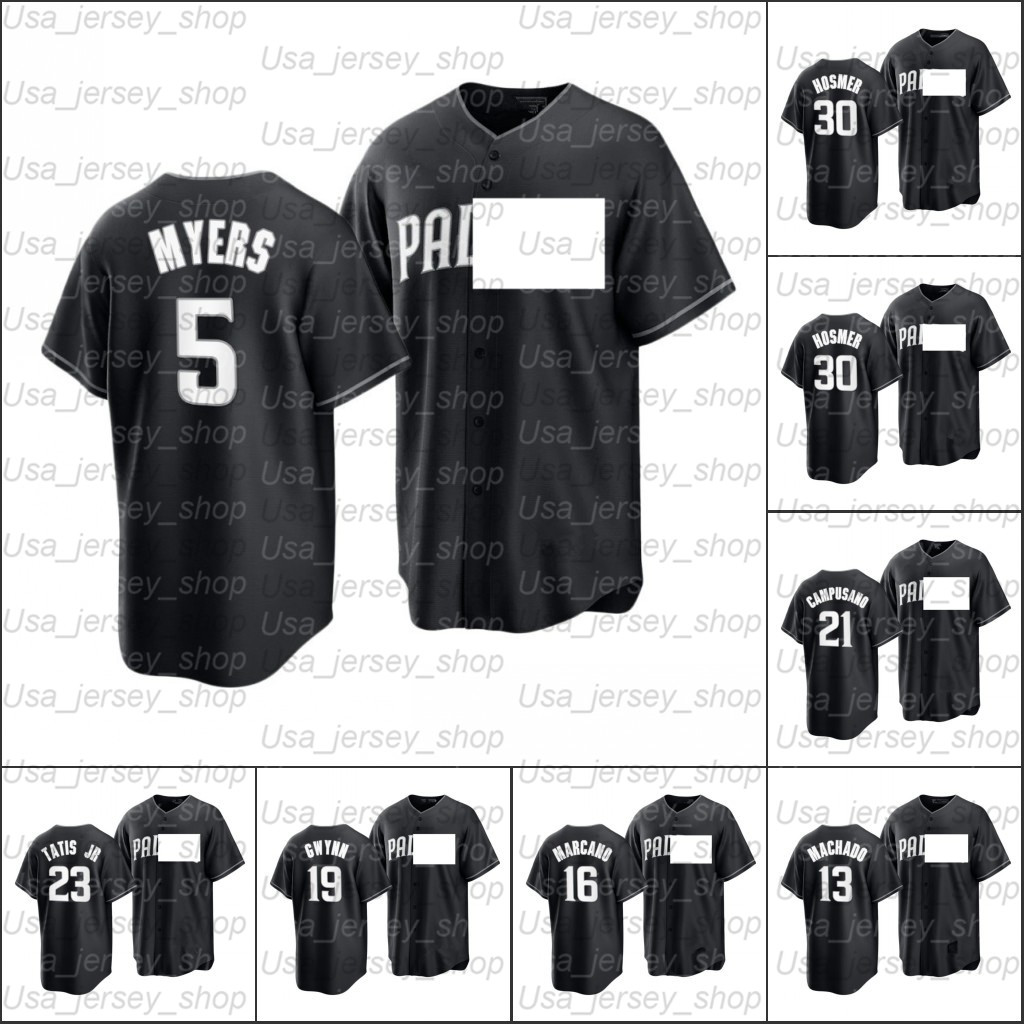 

2021 All Black Fashion Baseball Jerseys Fernando Tatis Jr 23 Manny Machado 13 Tony Gwynn 19 Eric Hosmer 30 Uniform Brown, Men/flex base