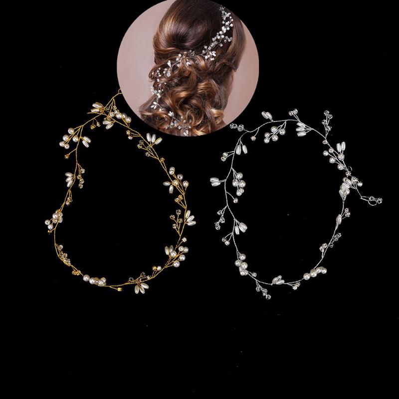 

Hair Clips & Barrettes Bride Wedding Hairband Handmade Floral Long Headwear Shiny Rhinestone Faux Pearl Ornaments Jewelry, Golden;silver