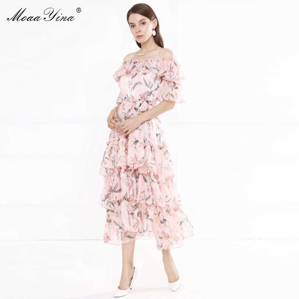 

Fashion Designer dress Spring Autumn Women's Dress Flower Print Ruffles Chiffon Dresses 210524, Pink
