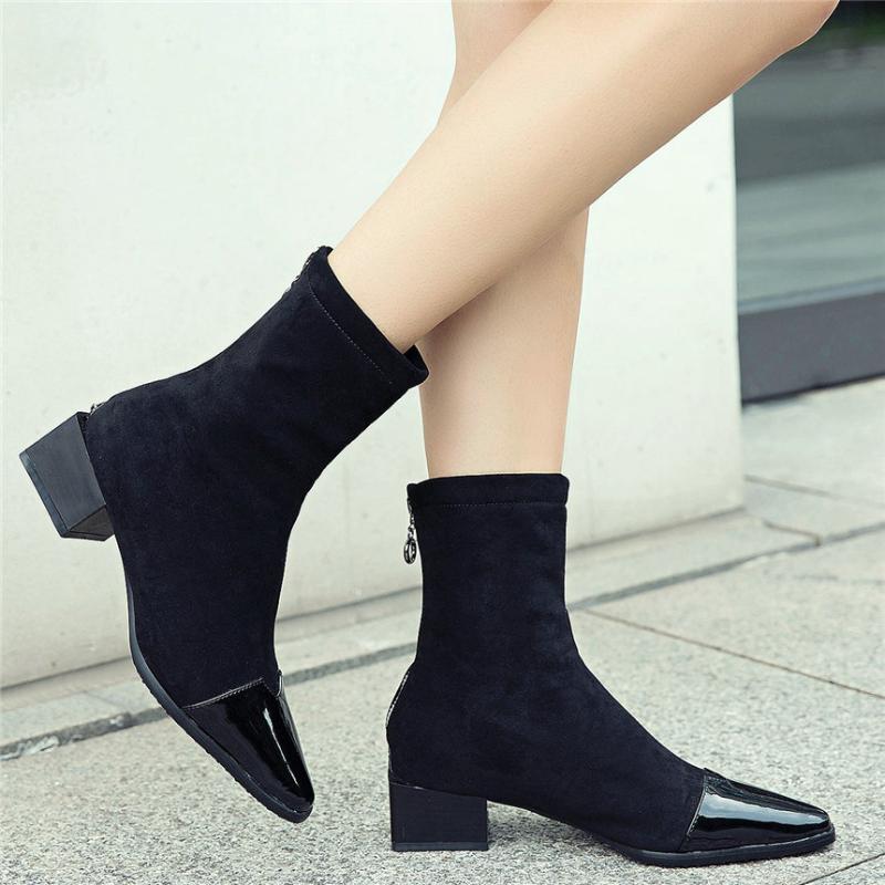 

Boots Chic Shoes Women Faux Suede Chunky Low Heels Ankle Female High Top Square Toe Platform Pumps Ladies Casual, Black