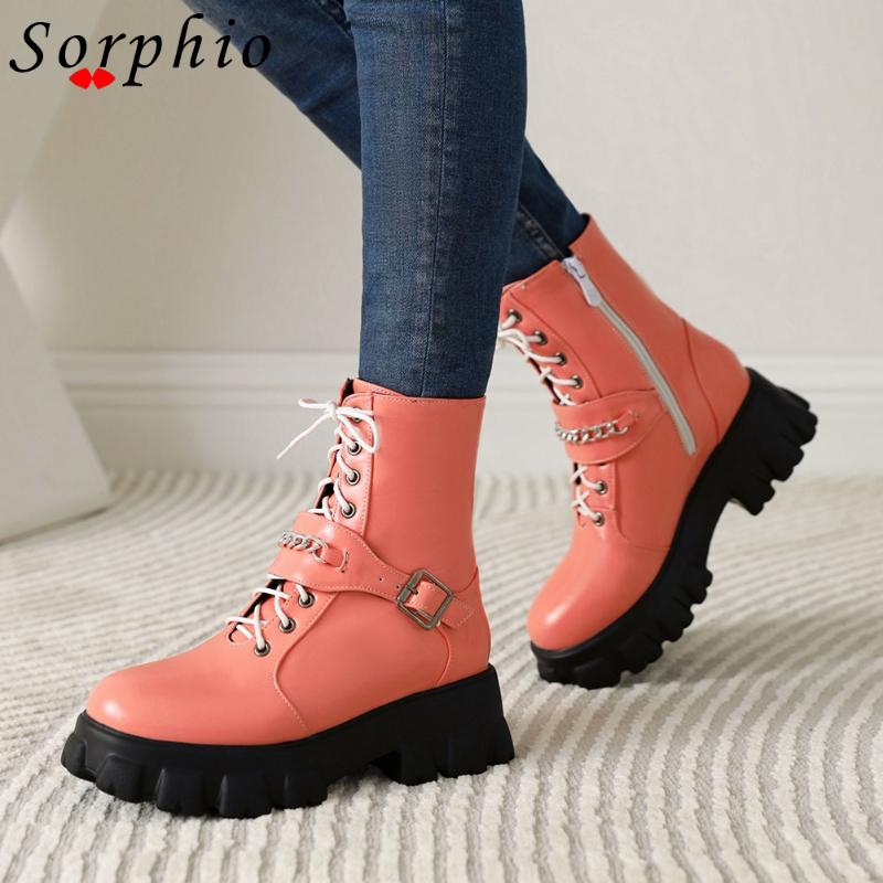

Boots Female Motorcycle Lace Up Ankle For Women 2021 Buckle Design Metal Chain Fashion Arrivals Women's Shoes Goth, Black