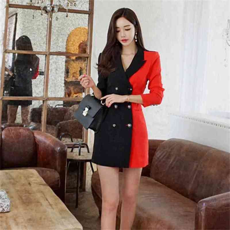 

Elegant Patchwork Double-breasted Pencil Dress Women Autumn Wear To Work Waist Bodycon Dresses Sheath Vestidos Coat 210603, Picture color