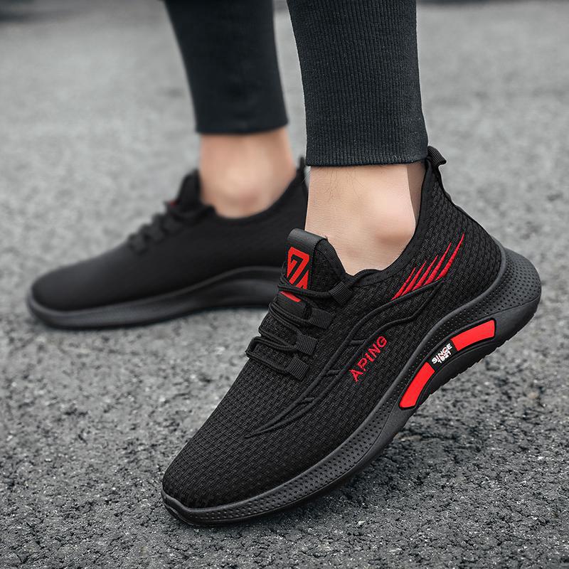 

Hotsale Flying woven men's breathable mesh running shoes black white red comfortable soft sole sneakers trainers, A1