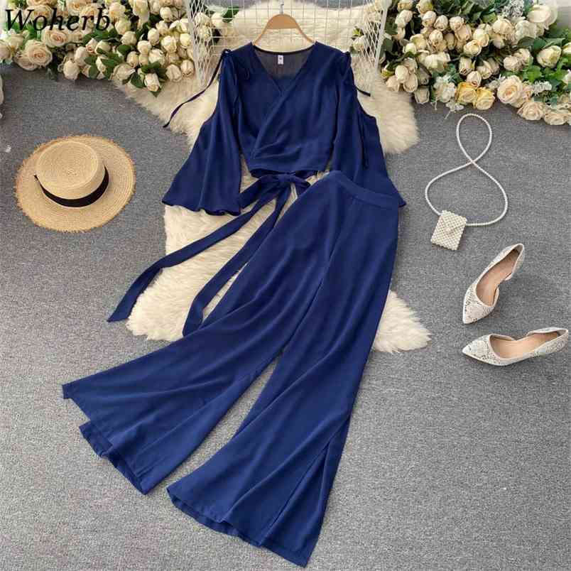 

Summer Solid Two Piece Set Bandage Off Shoulder Crop Top Blouse and High Waist Wide Leg Pants Suits Casual Outfits 210519, Khaki