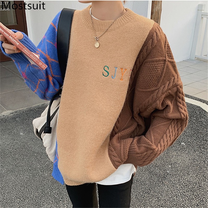 

High Quality Color-blocked Thick Pullover Sweater Women Long Sleeve O-neck Loose Fashion Vintage Female Tops Jumpers Mujer 210518, Blue