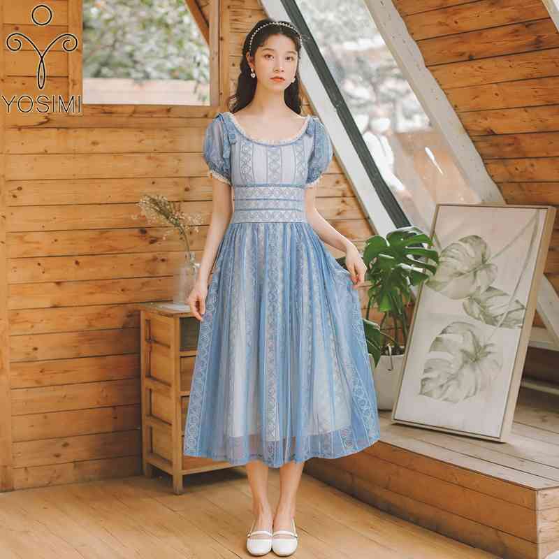 

YOSIMI Lace Women Dress Vintage Summer Short Sleeve Off The Shoulder Evening Party Mid-calf Vestidos Midi for 210604, Sky blue