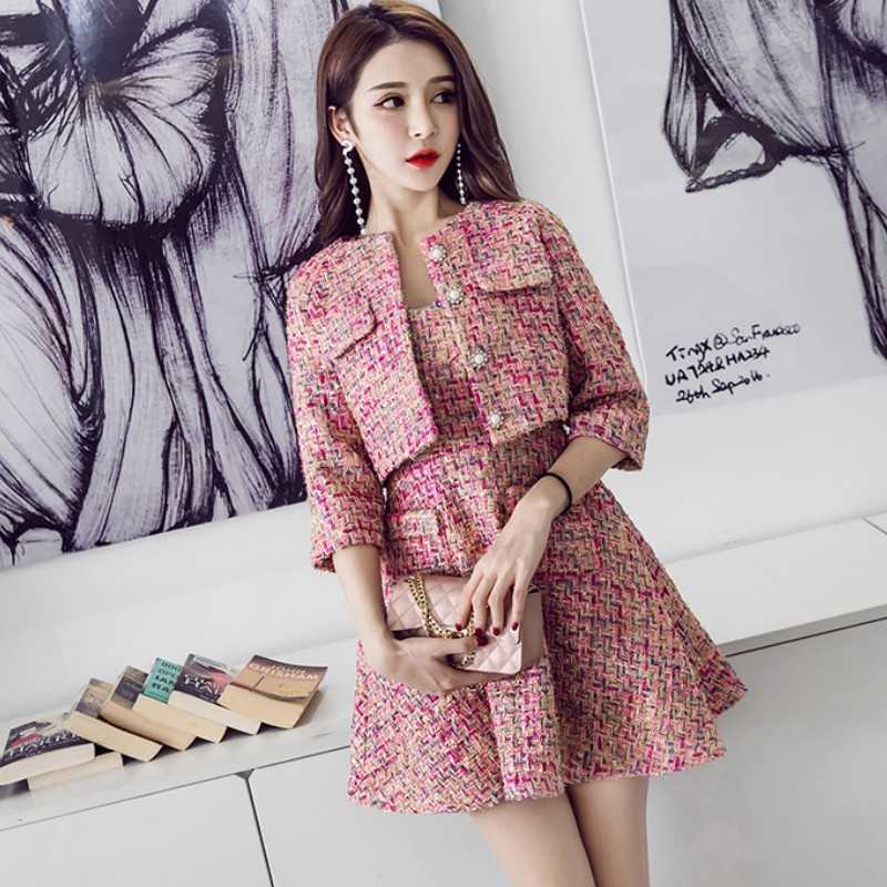 

Autumn Winter Runway Tweed 2 Piece Set Women Short Jacket Coat +Mini Tank Wool Blend skirt Suits Office Female Sets 210526, Picture color
