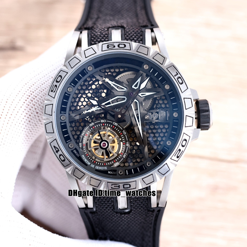 

New 46mm Skeleton Dial Steel Case Watch Excalibur Spider RDDBEX0815 Tourbillon Automatic Mens Watch High Quality Gents Sport Watches Black Leather Strap, R4