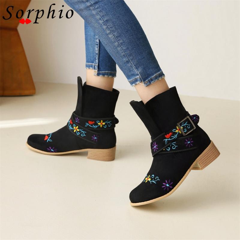 

Boots Female Motorcycle Embroidery Ankle Women For Autumn 2021 Buckle Strap Roman Retro Style Brand Fashion Shoes, Black