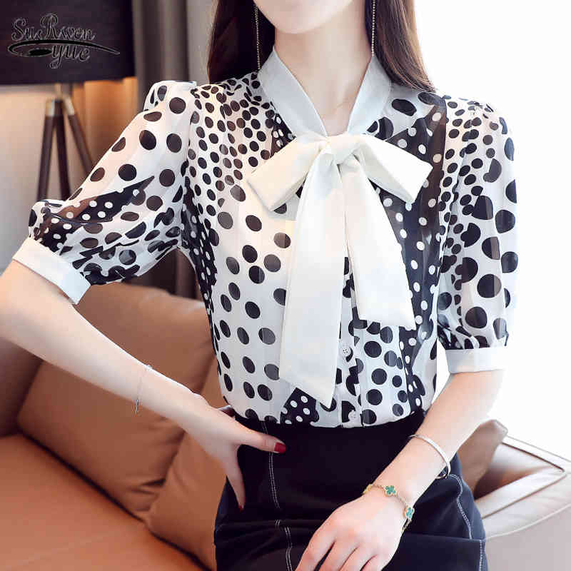 

Blusas Mujer De Moda Summer Bow Tie Polka Dot Chiffon Shirt Women Office Lady Loose Short Sleeve Blouse 9544 210521, Black