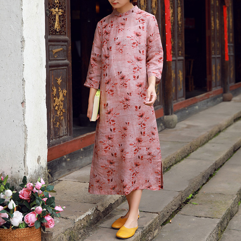 

Johnature Women Chinese Style Dresses Ramie High Quality Vintage Cheongsam Spring Seven Sleeve Print Floral Dresses 210521, Red