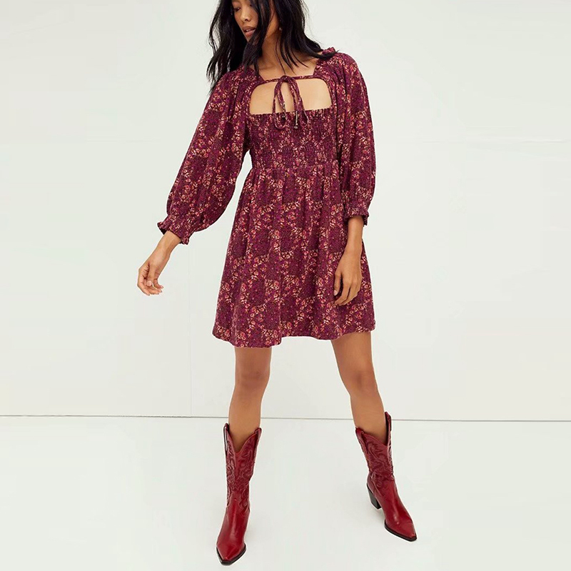 

Fashion Spring Floral Knee Length Dress Women Square Collar Ruffles Lace Up Puff Sleeve Waist Party NX9872 210525, Red