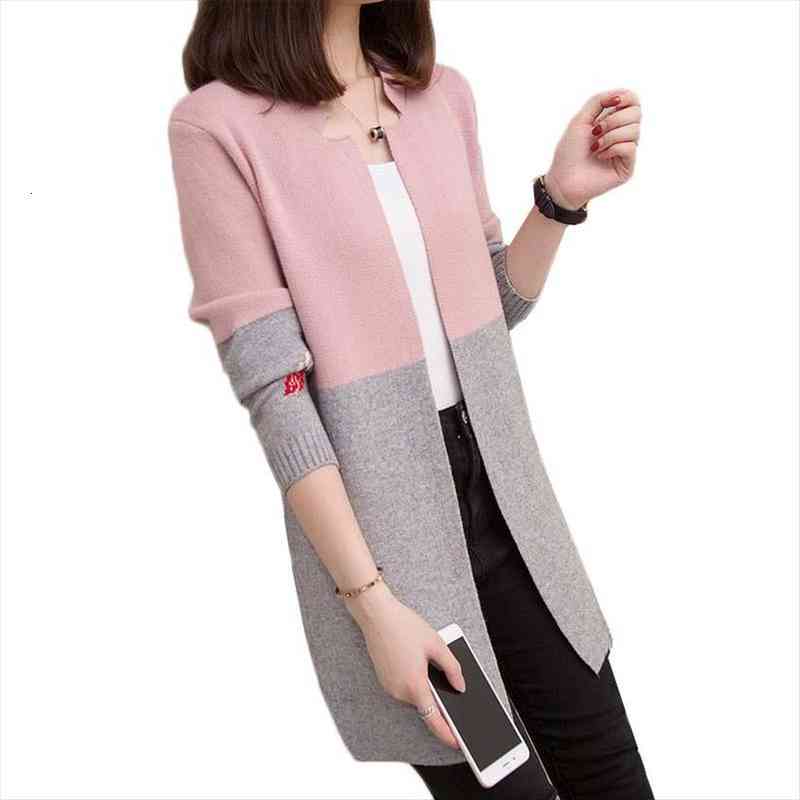 

women knit sweater cardigan coat spring autumn jacket wild color matching mid-long sweaters coat female outerwear, White;black