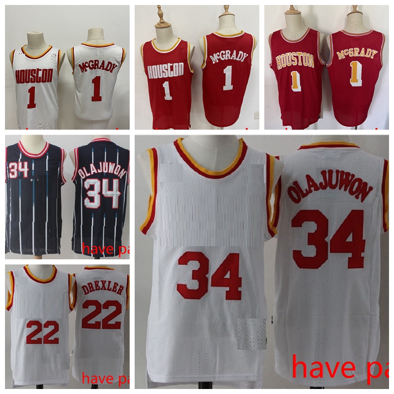 

Retro Mens Tracy 1 McGrady Clyde 22 Drexler Hakeem 34 Olajuwon basketball Jersey high quality have patch, Black;red