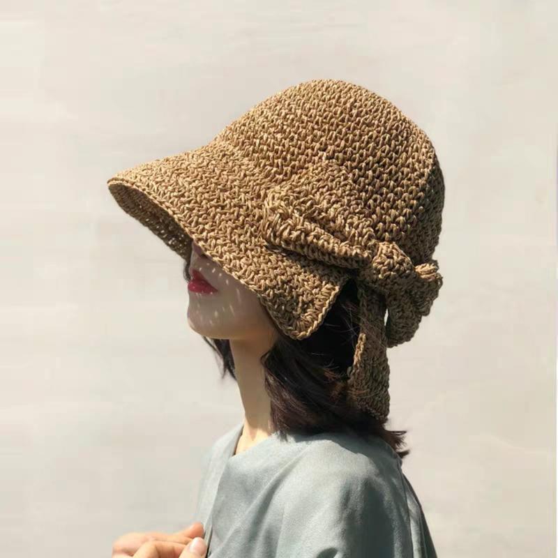 

Wide Brim Hats Bowknot Straw Hat Female Summer Shade Solid Color Foldable Japanese Literary Holiday Beach, Orange