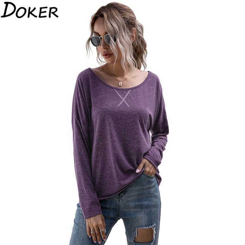 

Autumn Long Sleeve T Shirt For Women Clothes O-neck Plus Size Fashions Loose Casual T-shirt Tops Off Shoulder Tee Femme 210603, Navy blue