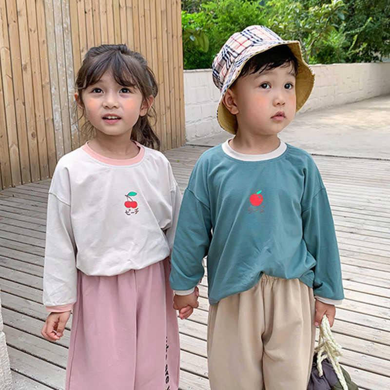 

Japanese style children cute fruit printing long sleeve T shirts Boys girls spring autumn Color contrast cotton Tops 210615, Purple