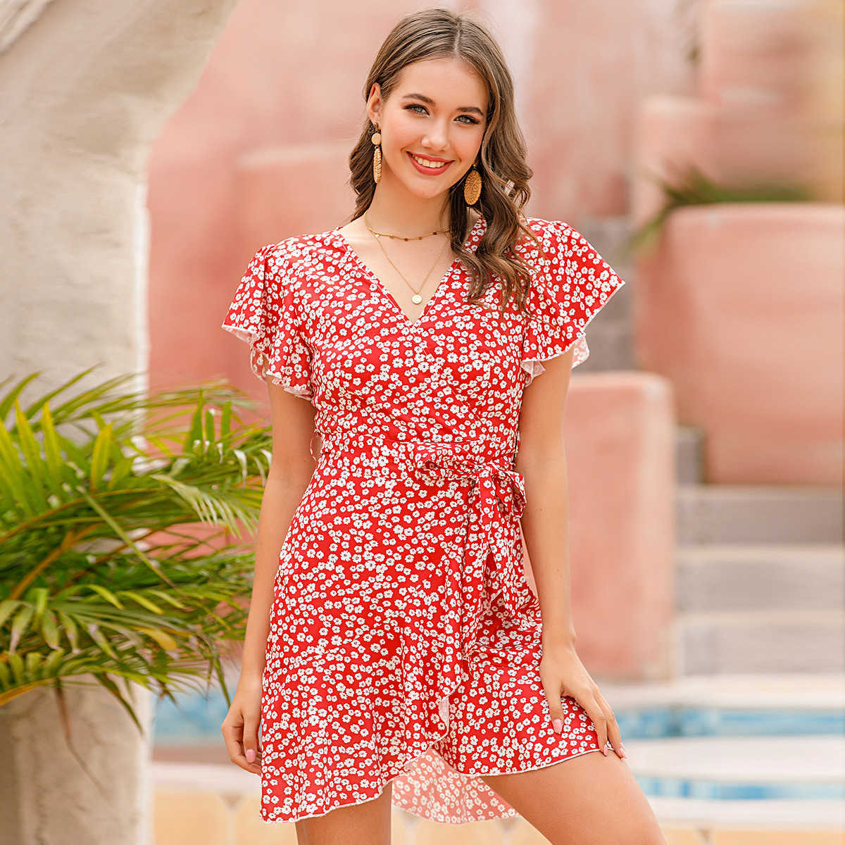 

Fashion Boho Floral Printed Women Dress Sexy V-Neck Short Sleeve Ruffles Summer Woman Dresses Vestido Feminino W9204 210526, Red