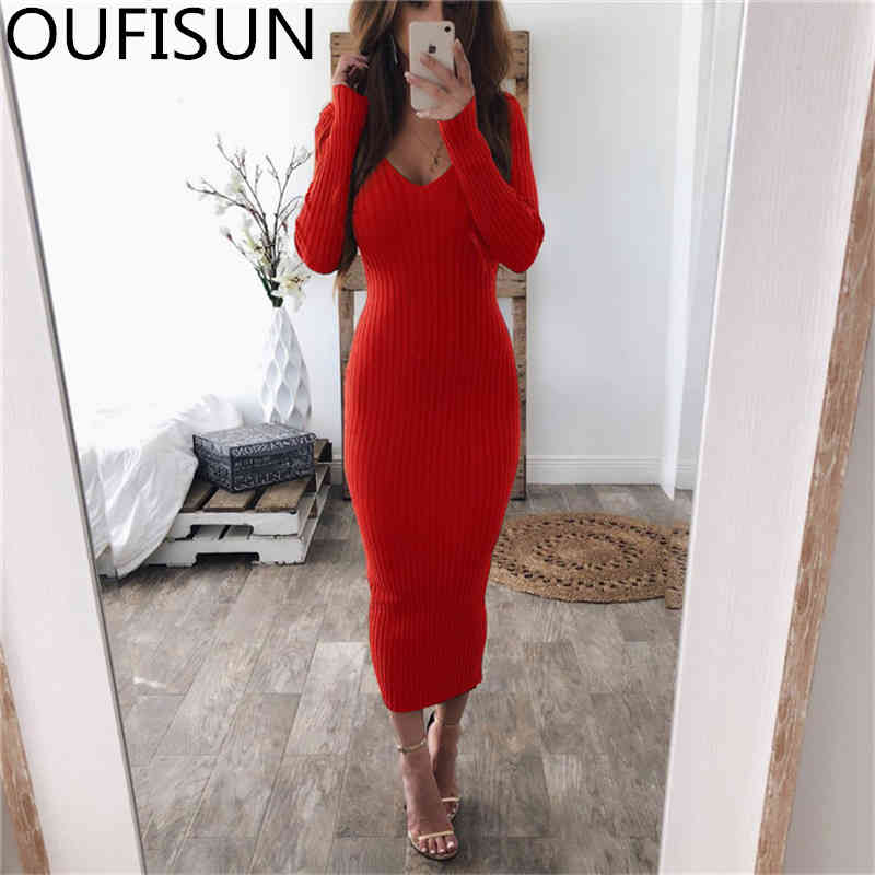 

Oufisun Autumn Winter Women V-neck Slim Pencil Dress Fashion Backless Maix Party Casual Solid Full Sleeve es 210517, Black