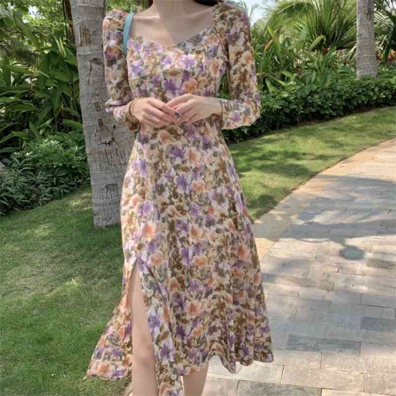 

Elegant Square Collar Flower Print Dress Women Sexy Slim Waist Split Vestidos Summer Chiffon Dresses 210519, Photo color