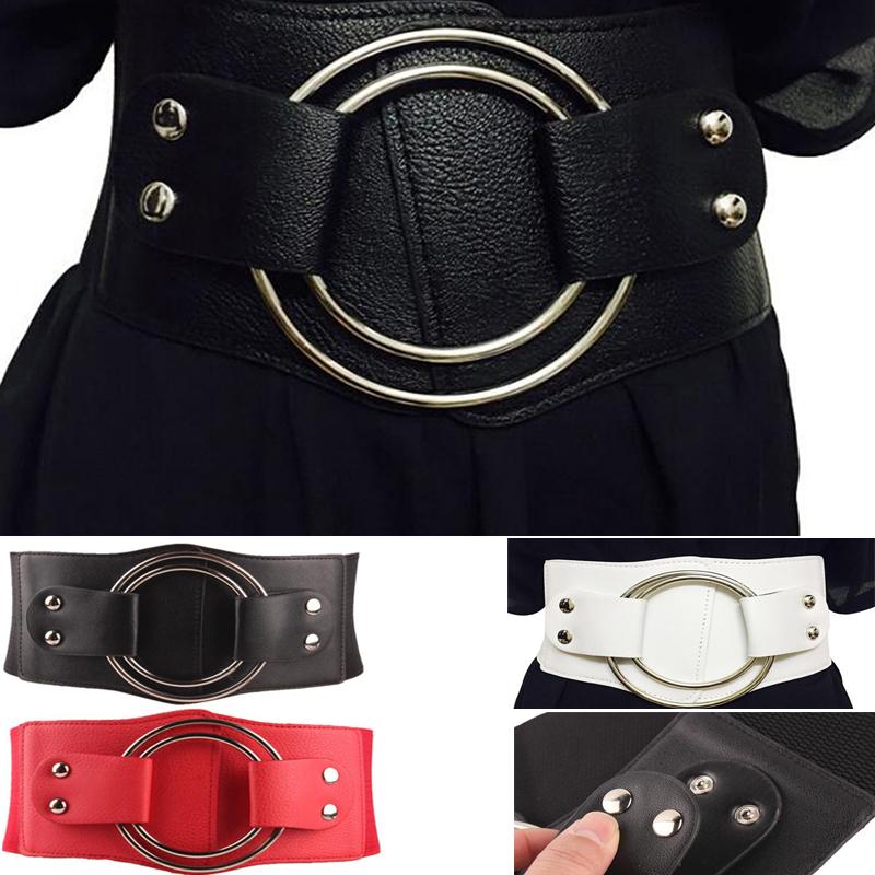 

Vintage Wide Waist Elastic Belts For Women Stretchy Corset Waistband Hollow Metal Big Ring Women's Belt Exaggerate Cummerbund, Red