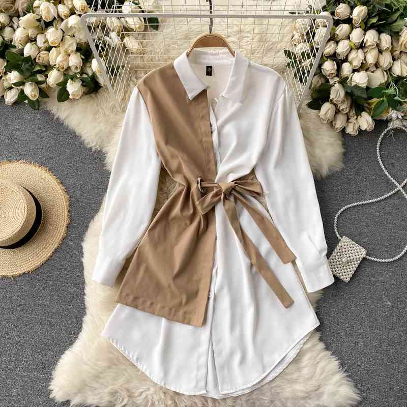 

Turn Down Collar Full Waist Tie Bow Spliced Office Lady Blouse Women 210615, Khaki