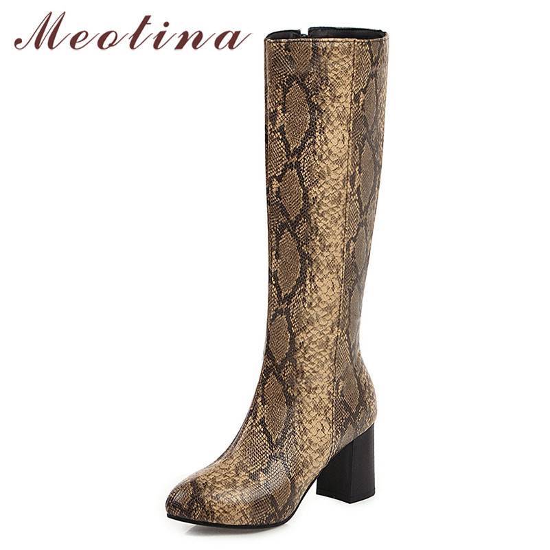 

Snake Print High Heel Knee-High Boots Women Shoes Pointed Toe Thick Heels Zipper Long Female Winter Red Black 210517