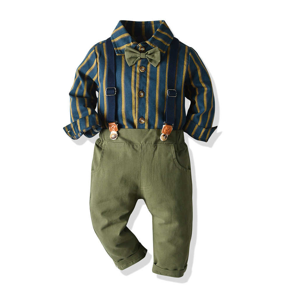 

2pcs Baby Boys Clothing Set Infant Gentleman Suit Children Baptism Clothes Toddler Long Sleeve Shirt + Suspender Pants Outfits 210615, Green set