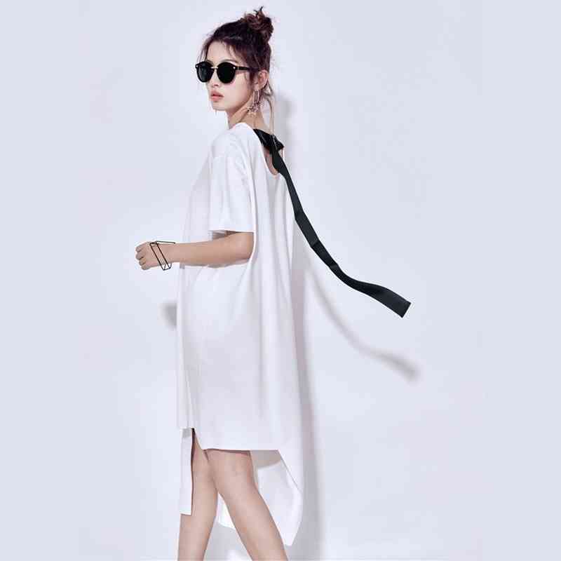 

Summer Sexy Backless Ribbon Dresses O Neck Short Sleeve Solid Irregular Woman Dress Casual Simple Loose Tshirt Robe 210524, White