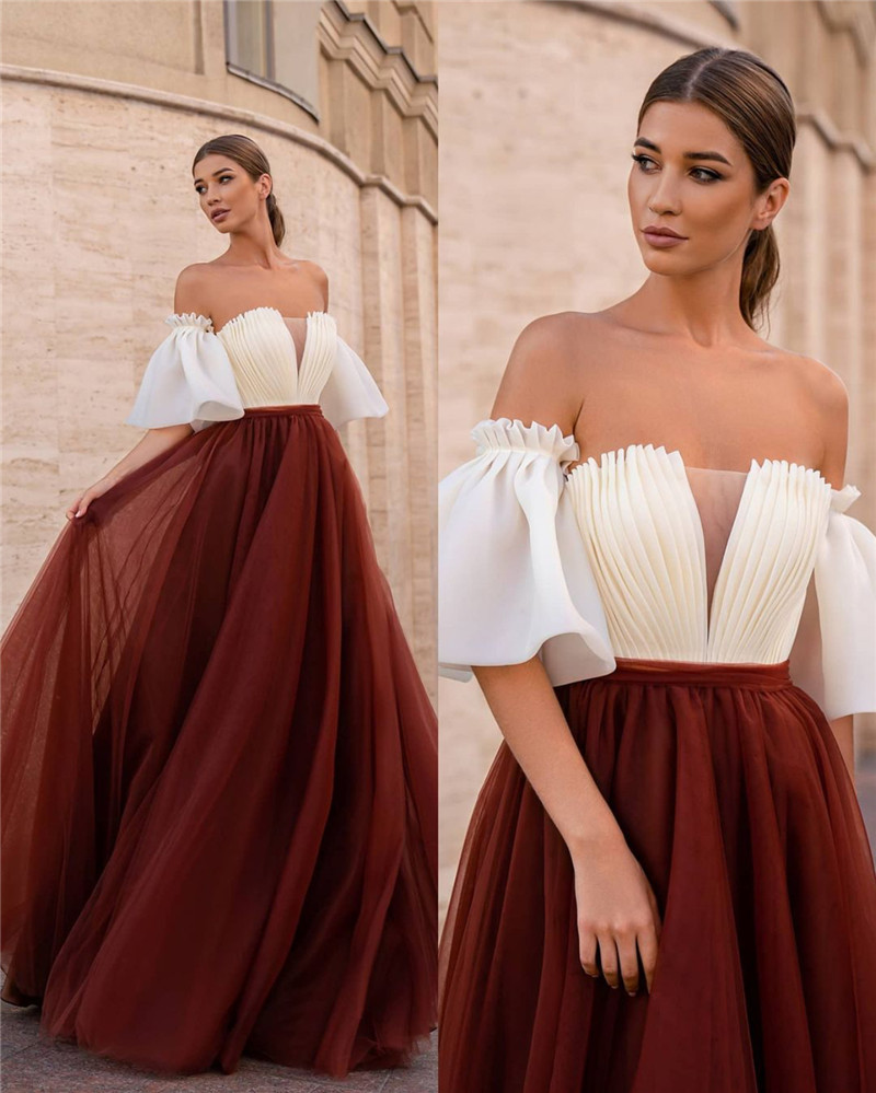 

Elegant A Line Draped Organza Long Evening Dresses Strapless Removable Sleeves Dark Wine Red Tulle Skirt Prom Gowns Vestido de festa longo Robe De Soiree, Gold