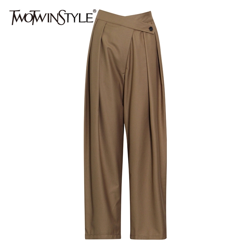 

Minimalist Ruched Solid Trouser For Women High Waist Black Wide Leg Pants Female Fashion Clothing Style 210521, Khaki