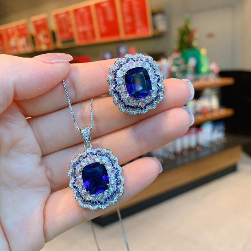 

Earrings & Necklace EYIKA Silver Color Sapphire Created Moissanite Gemstone Jewelry Set Luxury Vintage Zircon Necklace&Ring Wedding Fine