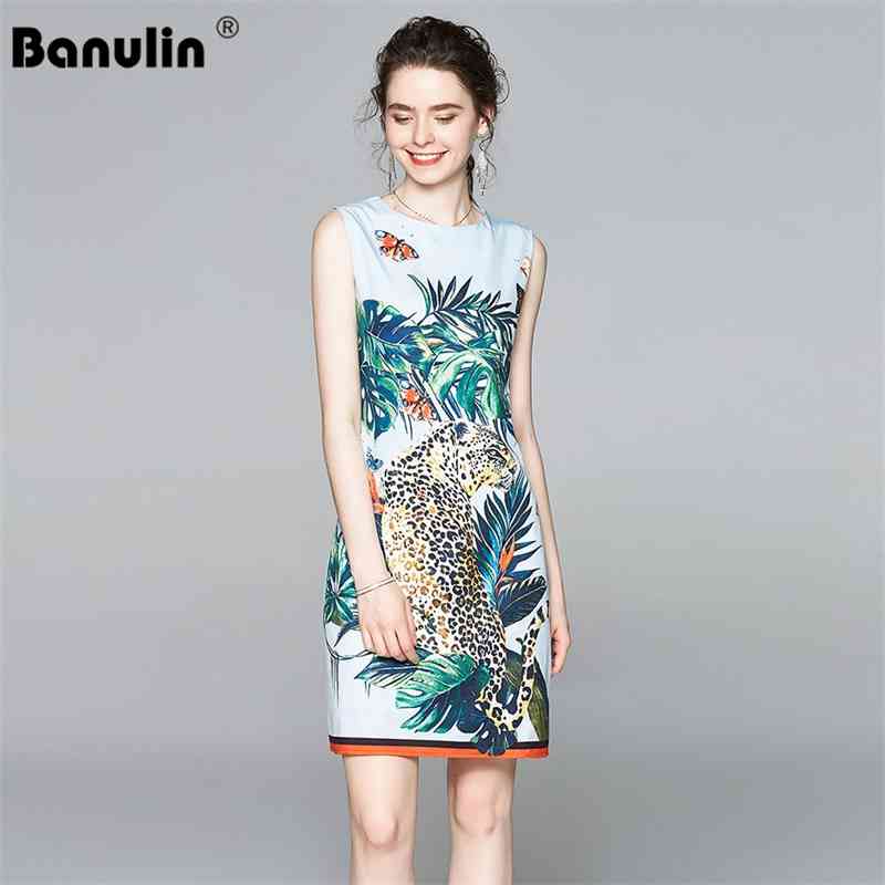 

Banulin Fashion Designer Summer Short Dress Women Sleeveless Animal Floral Print Sundress Ladies Elegant Mini Dresses 210603, Green