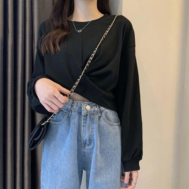 

Women's Hoodies & Sweatshirts Women Crop Sweatshirt Solid Short Pullover O-neck Long Sleeve All Match Tops Spring Fall Casual Chic Sexy, Black